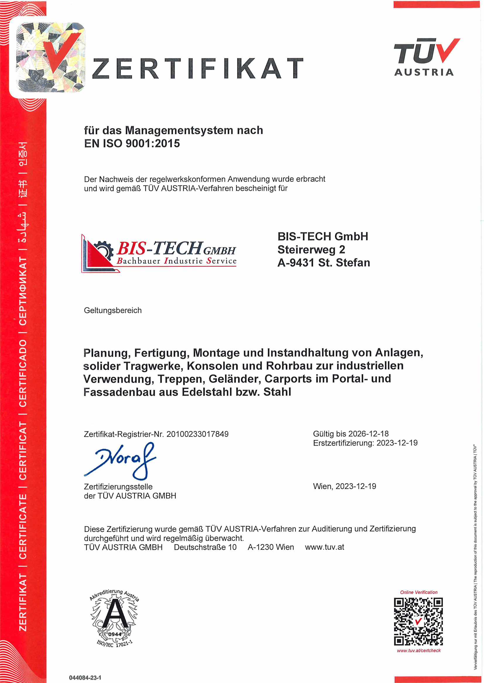 ISO 9001:2015 Zerifizierung